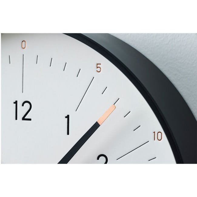 Essent Clock -White - 2 - Digital clock face with black and white design, Hour and minute hands with copper accents, White