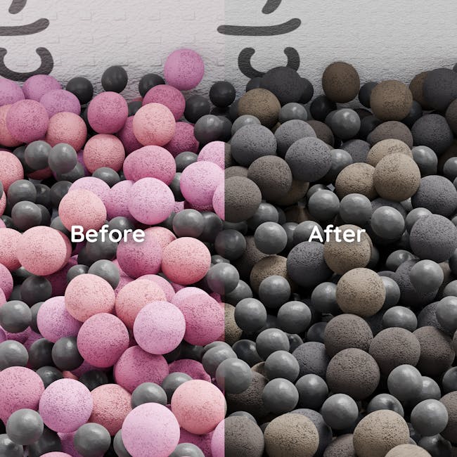 cl-air Formaldehyde Removal - (2 Choices) - 3 - Soft, pastel-colored spheres, divided into two halves, one labeled "Before"
