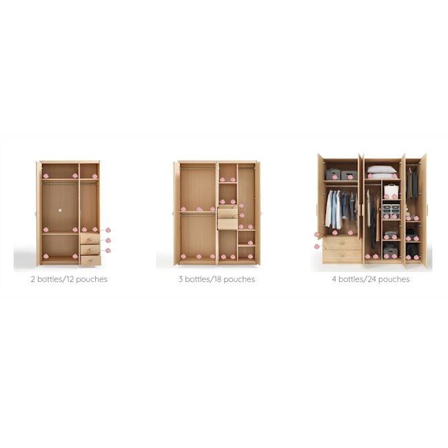 cl-air Formaldehyde Removal - (2 Choices) - 5 - Wooden wardrobe with multiple compartments, each labeled with different