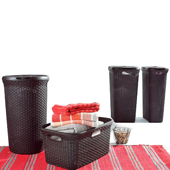 Rattan Style Rectangular Hamper with Lid - Dark Brown (2 Sizes) - 2 - Woven laundry basket, folded towels, black wicker