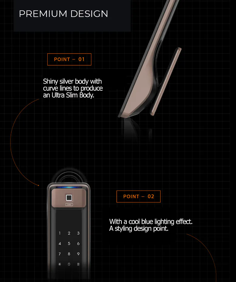 Solity Push Pull Door Lock GSP-2000BKF - Bronze - 12 - Shiny silver body, curve lines, ultra slim body, cool blue lighting