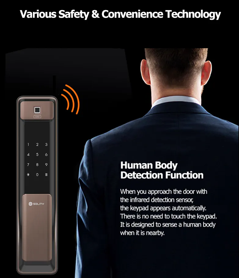 Solity Push Pull Door Lock GSP-2000BKF - Bronze - 14 - Infrared detection sensor, keypad automatic response, human body