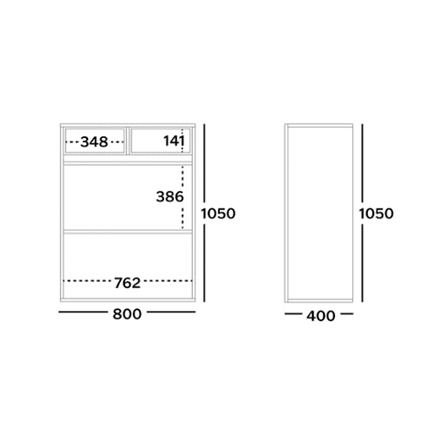 Benson Tall Cabinet 0.8m - 5 - 386 x 1050 dimensions, 762 x 1050 width, 141 x 1050 height, 348 x 1050 area, 1050 x 400