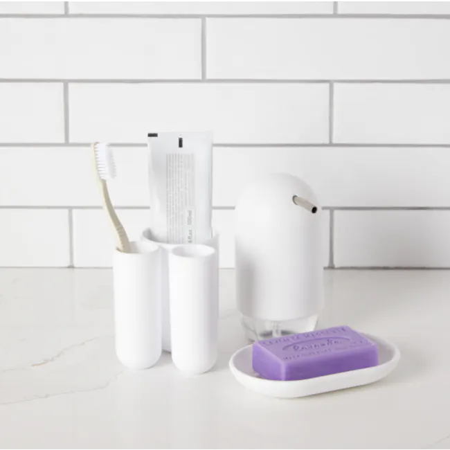 Touch Soap Pump - White - 3 - White bathroom counter, modern design, minimalist decor, white ceramic toothbrush holder