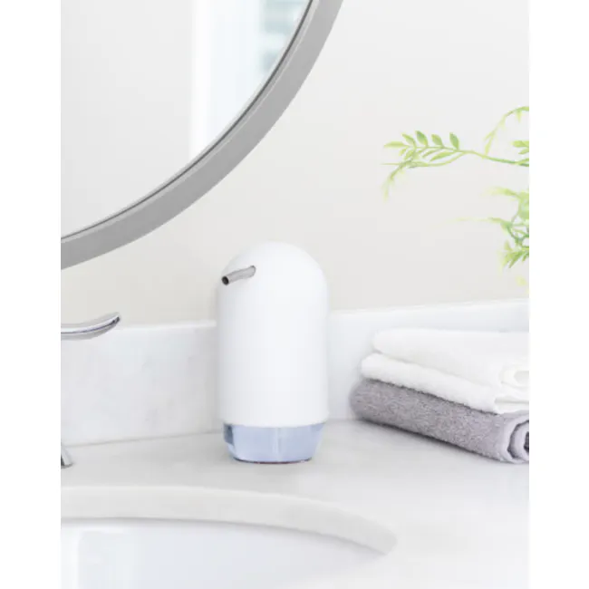 Touch Soap Pump - White - 4 - White soap dispenser, modern bathroom, minimalist decor, floating shelf, sleek design, round
