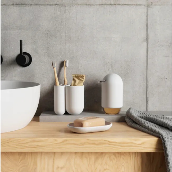 Touch Soap Pump - White - 2 - White sink, gray countertop, modern bathroom, minimalist design, wooden shelf, white bowl