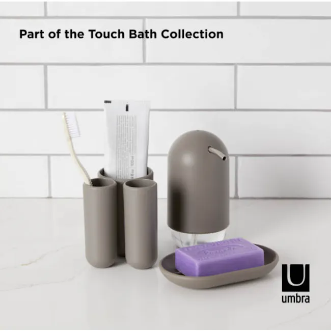 Touch Soap Pump - White - 6 - Part of the Touch Bath Collection, sleek gray cylindrical holder, toothbrush, tube of