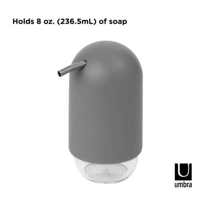 Touch Soap Pump - White - 8 - Grey soap dispenser with 8 oz capacity, Umbra brand soap dispenser, Stainless steel nozzle for