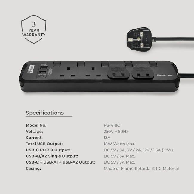 SOUNDTECH 4Way 3M USB A+C Quick Charger Power Strip With Surge Protection (PS-418C) - 7