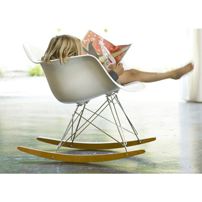 Klaus Rocking Chair - White - 3 - white chair, child reading, magazine, indoor setting, modern design, yellow skis