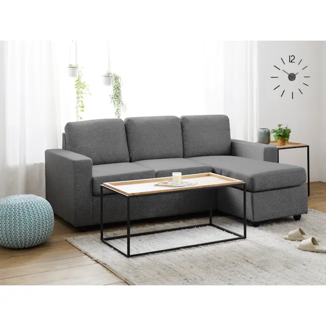 Hank L-Shaped Sofa - Orion - 2 - Modern living room, gray sofa, black metal frame, white rug, wooden coffee table, potted