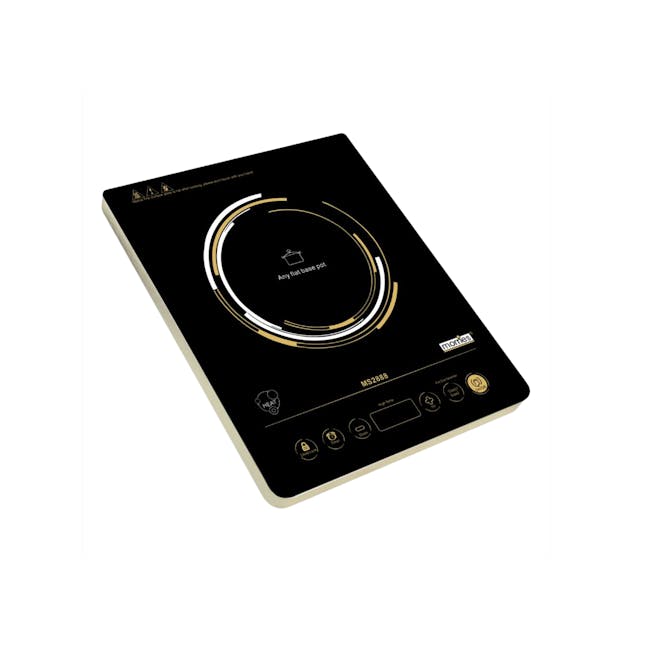 MORRIES Ceramic Infrared Cooker 2200W - 1 - Sleek black induction cooktop with gold accents, Modern induction stove with