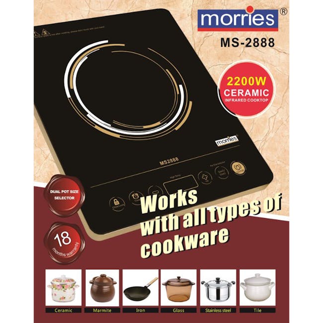 MORRIES Ceramic Infrared Cooker 2200W - 5 - Ceramic induction cooktop, dual pot size selector, 2200W ceramic infrared