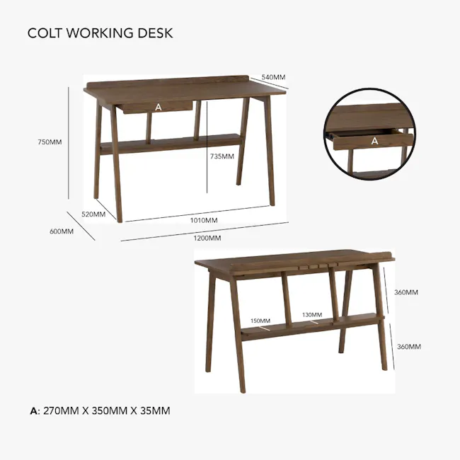 Colt Study Table 1.2m - Walnut - 12 - Colt working desk, 270mm x 350mm x 35mm, 540mm x 735mm, 1010mm x 1200mm, 360mm x 150mm
