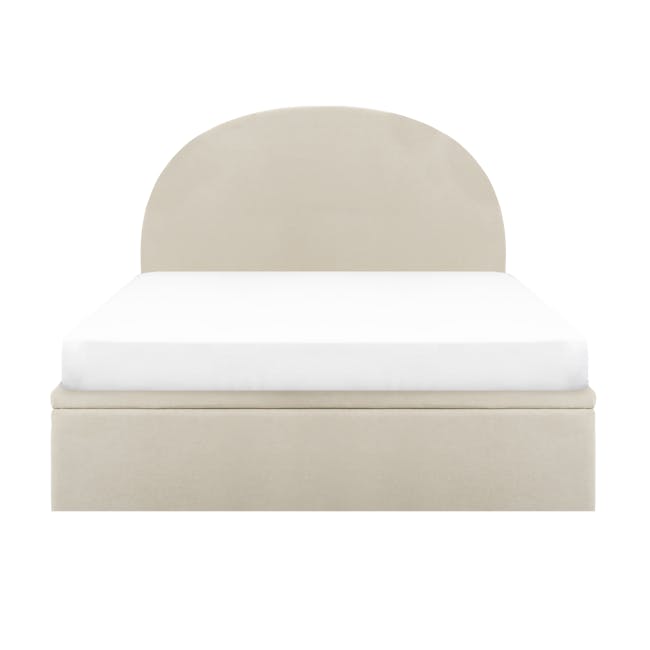 Aspen Queen Storage Bed - Acru - 1 - White bed frame, beige upholstered headboard, minimalist design, soft bedding, clean