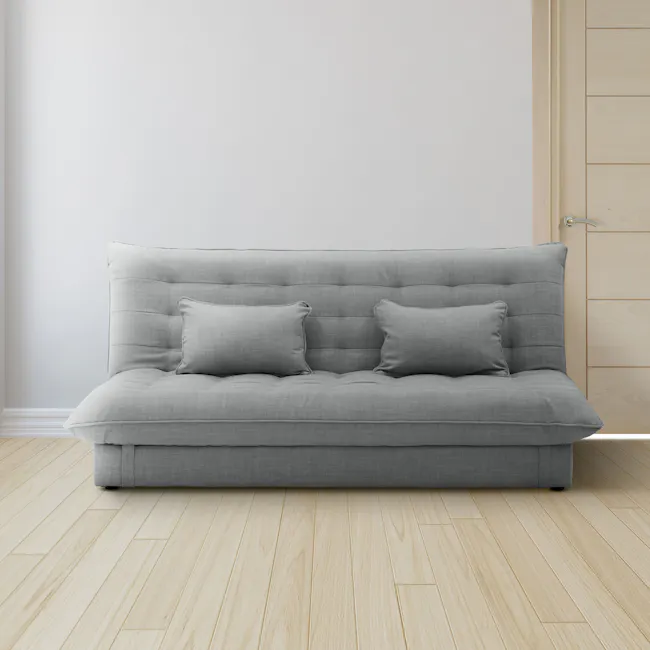 Tessa 3 Seater Storage Sofa Bed - Pewter Grey (Eco Clean Fabric) - 8 - Light gray sofa, light wooden floor, minimalist