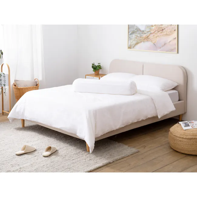 Nolan Queen Bed in Oatmeal with 2 Miah Bedside Table in White - 2 - White bed with beige headboard, minimalist decor, soft