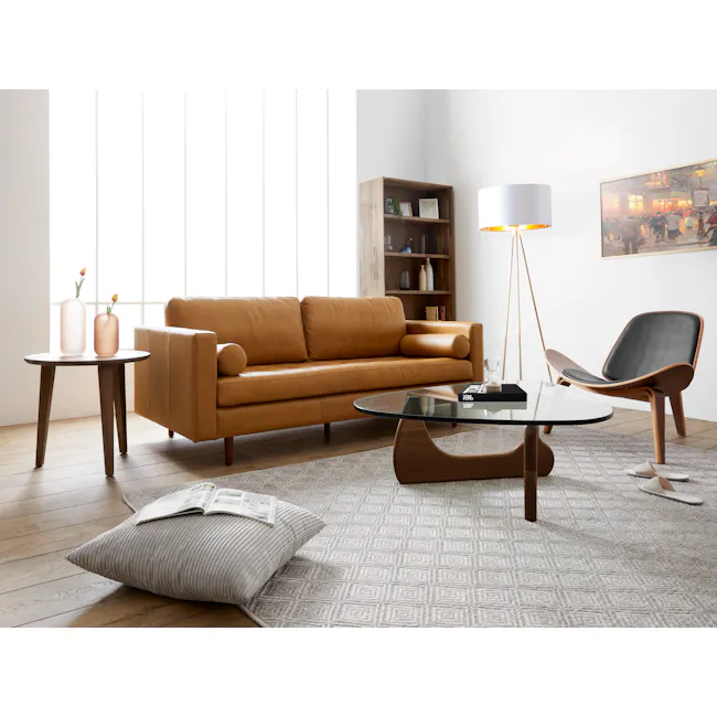 Isabella Floor Lamp - White, Brass - 2 - Modern living room, cozy seating, brown leather sofa, minimalist decor, large