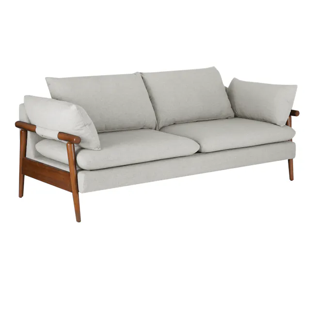 Astrid 3 Seater Sofa - Walnut, Ivory - 3 - Light gray sectional sofa, minimalist design, wooden armrests, cushioned seating