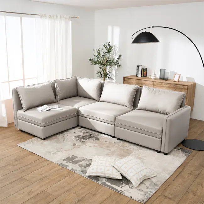 Cameron Right Storage Arm Unit - Grey (Pet Friendly) - 5 - Modern living room with beige sectional sofa, large window with