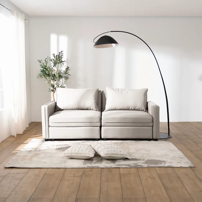 Cameron Right Storage Arm Unit - Grey (Pet Friendly) - 2 - Minimalist living room with modern sofa, floor lamp, large window