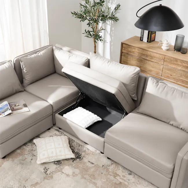 Cameron Right Storage Arm Unit - Grey (Pet Friendly) - 9 - Modern beige sectional sofa, minimalist decor, cozy living room