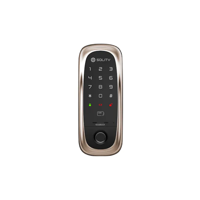 Solity Smart Rim Lock GA-65B - Champagne Gold - 1 - Solity keypad with black and gold design, Security lock with numeric