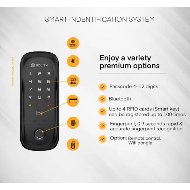 Solity Smart Rim Lock GA-65B - Champagne Gold - 5 - Smart Identification System, Passcode 4-12 digits, Bluetooth, RFID cards
