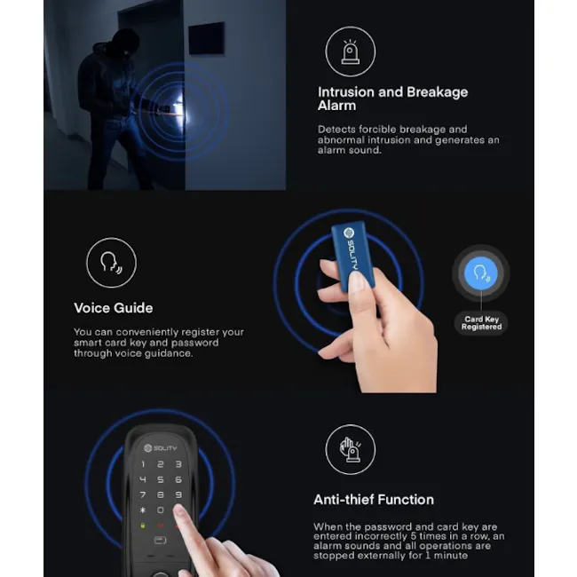 Solity Smart Rim Lock GA-65B - Champagne Gold - 17 - Intrusion and Breakage Alarm, Detects forcible breakage and abnormal