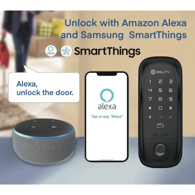 Solity Smart Rim Lock GA-65B - Champagne Gold - 13 - SmartThings, Alexa, Unlock, Door, Control, Voice, Interaction, Digital