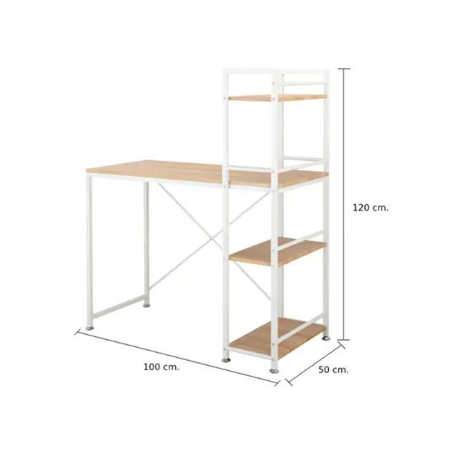 Conner Study Table with Shelves 1m - White, Oak - 9 - White metal shelving unit with wooden shelves, Adjustable height with