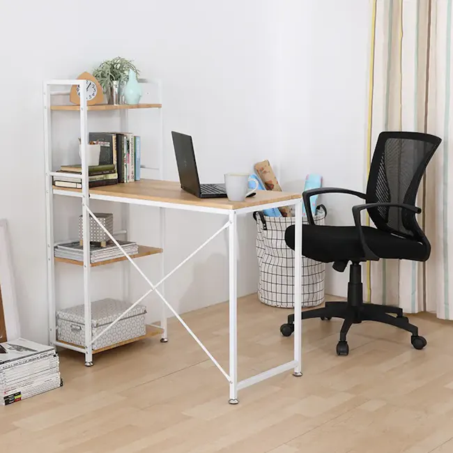 Conner Study Table with Shelves 1m - White, Oak - 5 - white office space, modern desk, ergonomic chair, white metal
