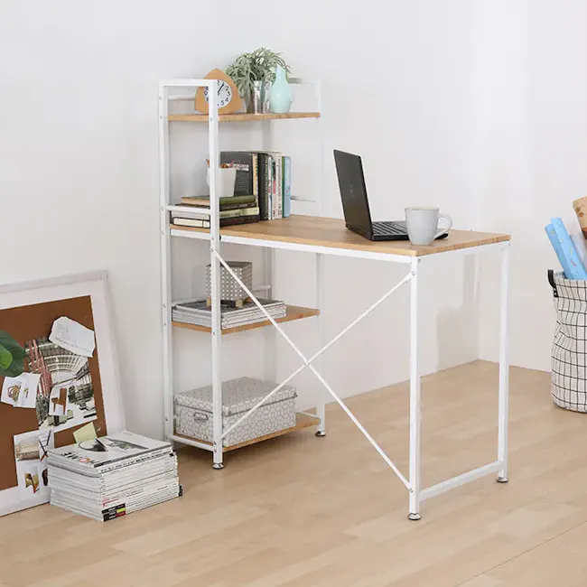 Conner Study Table with Shelves 1m - White, Oak - 6 - White metal shelving unit, minimalist design, wooden desk, open