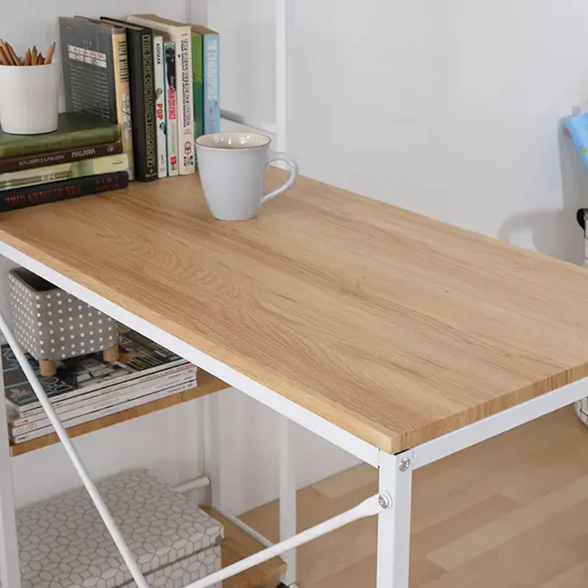 Conner Study Table with Shelves 1m - White, Oak - 8 - Wooden desk with white metal frame, light wooden surface, minimalist