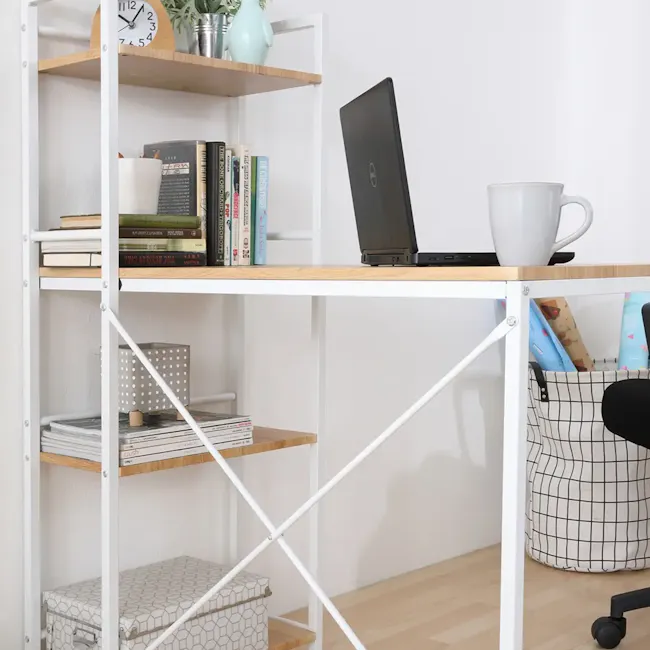 Conner Study Table with Shelves 1m - White, Oak - 7 - White metal shelving unit, minimalist design, wooden top, open shelf