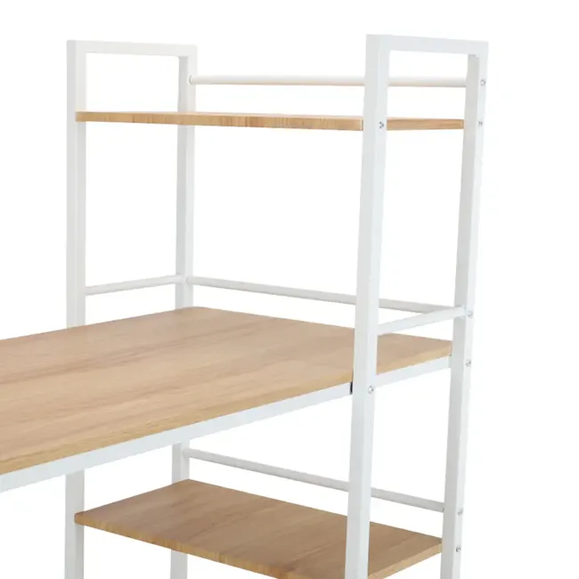 Conner Study Table with Shelves 1m - White, Oak - 4 - Wooden bunk bed with white metal frame, minimalist design, two-tier