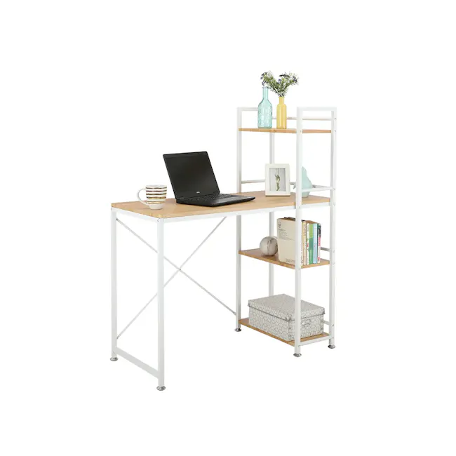 Conner Study Table with Shelves 1m - White, Oak - 3 - Wooden desk with black laptop, white metal frame, white shelves, small