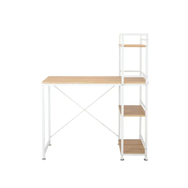 Conner Study Table with Shelves 1m - White, Oak - 2 - Wooden desk with metal frame, white and wooden shelves, minimalist