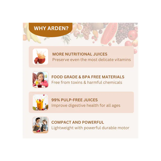 ARDEN Kitchen Compact Cold Pressed Slow Juicer (AR100) - 4 - Nutritious, refreshing, healthful, natural, safe, convenient