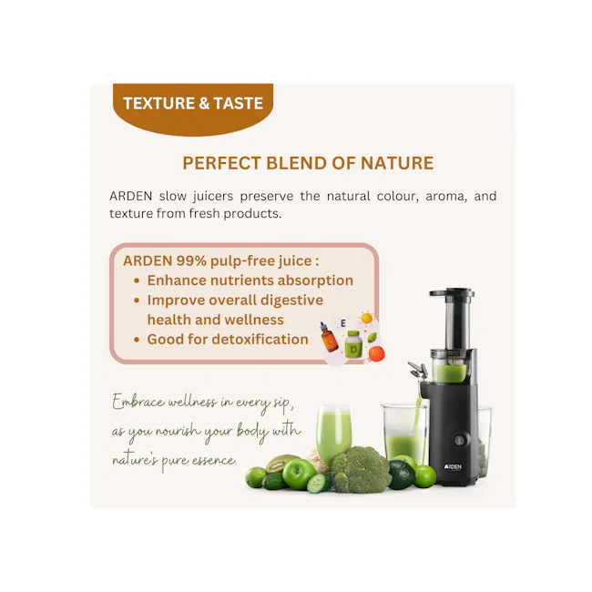 ARDEN Kitchen Compact Cold Pressed Slow Juicer (AR100) - 3 - ARDEN slow juicers preserve natural color, aroma, and texture