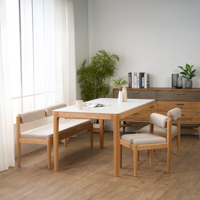 Adelyn Dining Table 1.6m (Sintered Stone) with 4 Niel Chairs in Oak - 2 - Light wood dining table with beige upholstered