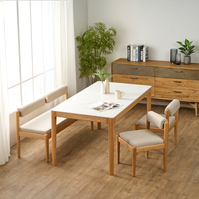 Adelyn Dining Table 1.6m (Sintered Stone) with 4 Niel Chairs in Oak - 5 - Light streaming through sheer curtains, natural