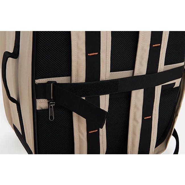 Pidan Pet Backpack Carrier - 8 - Black and beige backpack with black straps, mesh front, orange logo, adjustable shoulder