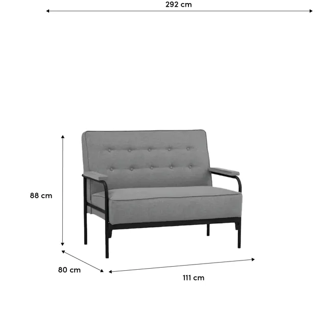 Daryl 2 Seater Sofa - Grey - 6 - 292 cm, gray upholstered sofa, 88 cm seat height, 80 cm armrest height, 111 cm total