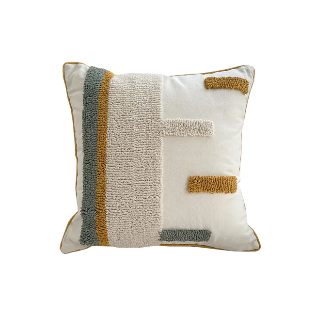 Alivia Cushion Cover - 1 - Cream, gray, and olive green textured fabric, beige, and mustard yellow accents, rectangular