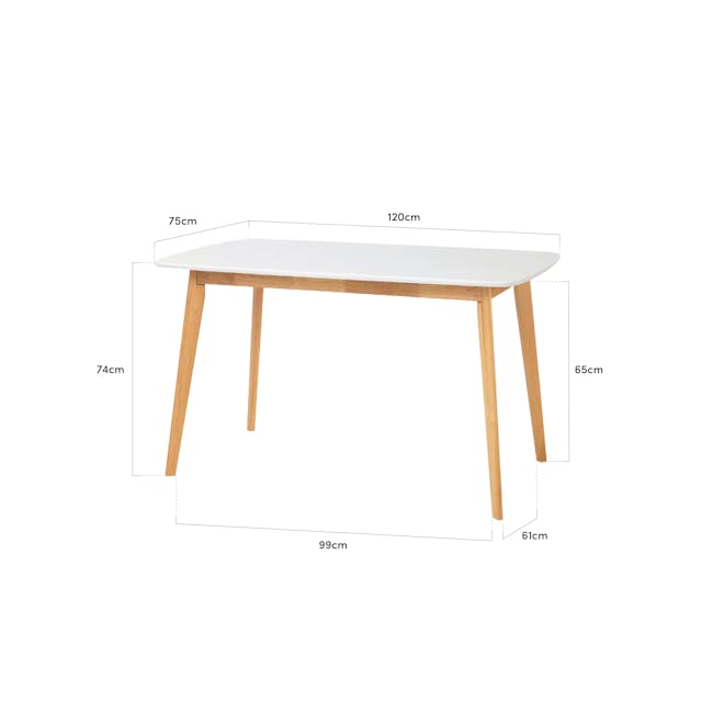 Harold Dining Table 1.2m - Natural, White - 7 - White tabletop with wooden legs, 75 cm wide table top, 120 cm long table