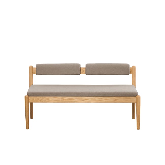 Niel Bench 1.25m - Oak, Chestnut - 12 - Wooden chair with beige cushions, minimalist design, light brown wooden frame, clean