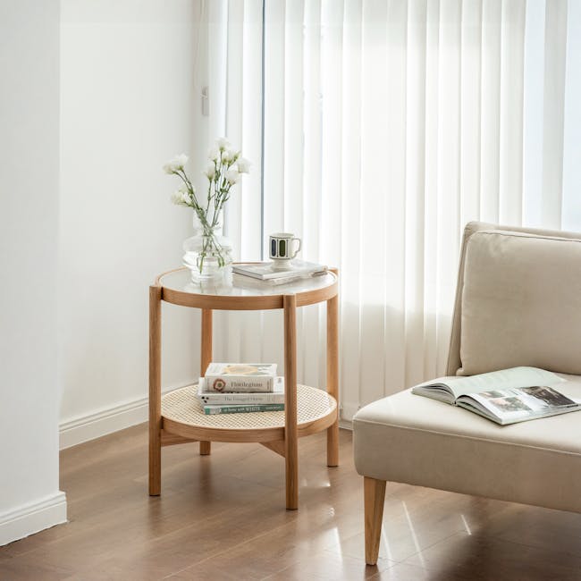 Lilian Rattan Coffee Table - Natural (Glass Tabletop) - 6 - White curtains softly billowing, minimalist coffee table, clear