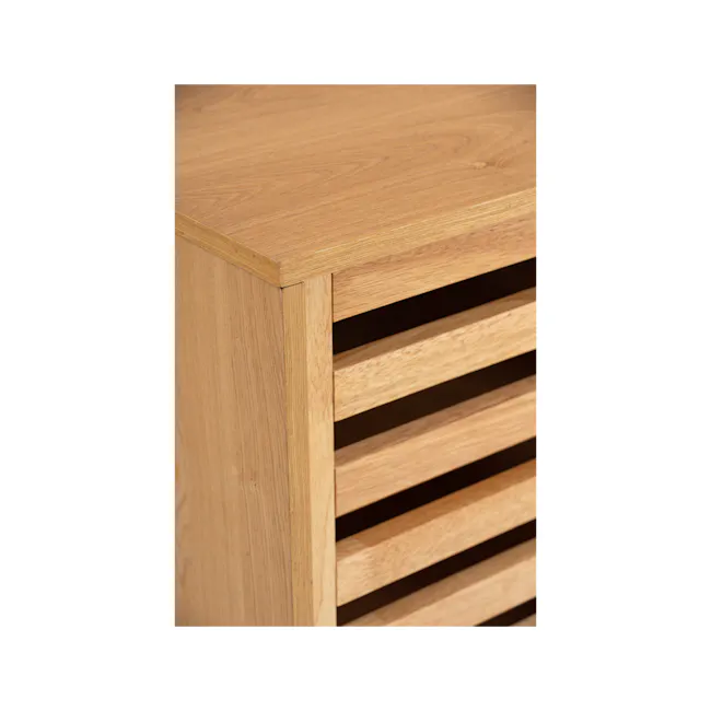 Keita Shoe Cabinet - Oak - 14 - Wooden side table with clean lines, natural wood grain, horizontal slats, minimalist design