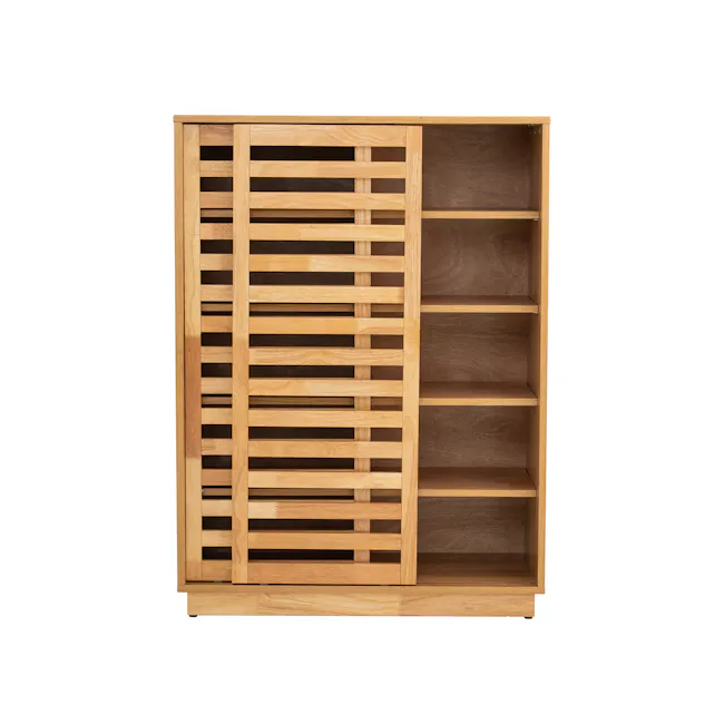 Keita Shoe Cabinet - Oak - 6 - Wooden shelving unit with slatted design, light brown finish, minimalist design, empty